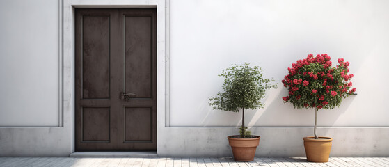 Fototapeta na wymiar Mockup with white facade of a modern house with front door, potted flowers.entrance home exterior. patio, backyard in a modern house. doorway. Minimalism. Generative ai
