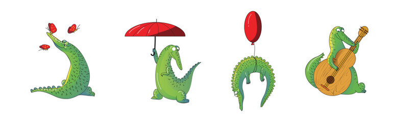 Cute Crocodile Character Engaged in Different Activity Vector Set