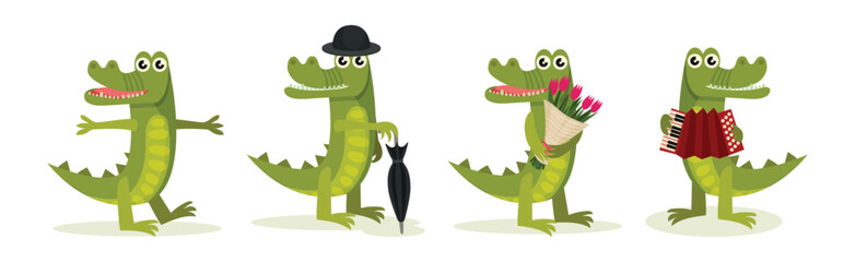 Cute Crocodile Character Engaged in Different Activity Vector Set