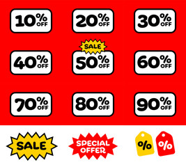 Sale signs discount special offer promotion percent 10% 20% 30% 40% 50% 60% 70% 80% 90%