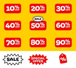Sale signs discount special offer promotion percent 10% 20% 30% 40% 50% 60% 70% 80% 90%