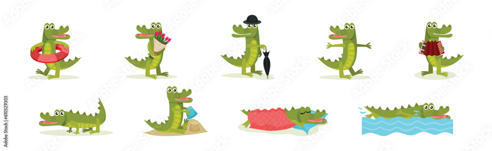 Poster Cute Crocodile Character Engaged in Different Activity Vector Set