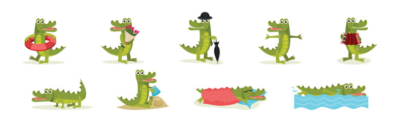 Cute Crocodile Character Engaged in Different Activity Vector Set