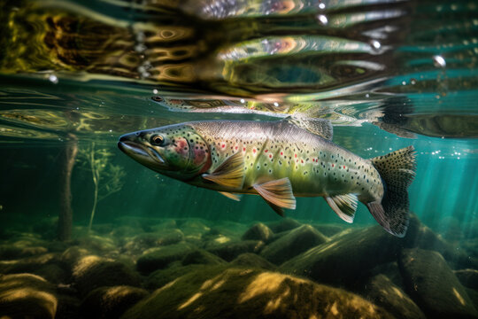 Rainbow trout swims in the clear water of the river. Underwater photo. Photorealistic illustration generative AI.