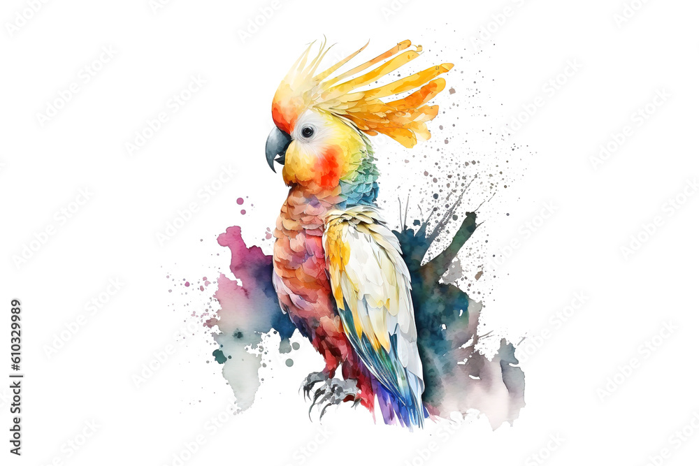 Poster cockatoo parrot painted with multicolored watercolors isolated on a white background. generated by a