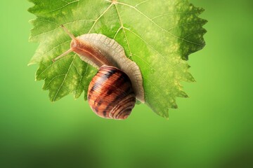 Big wild snail or slug on green leaves.