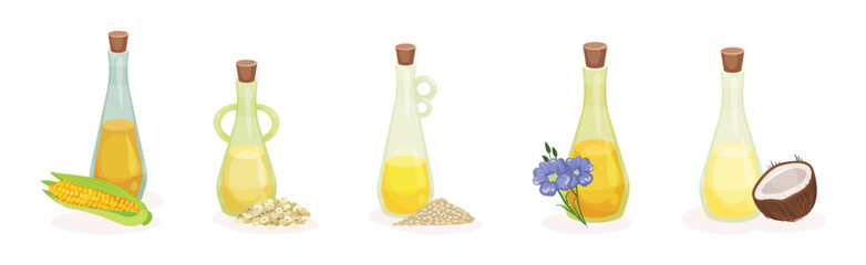 Organic Herbal Oil Poured in Glass Corked Jars Vector Set