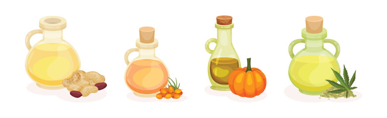 Organic Herbal Oil Poured in Glass Corked Jars Vector Set
