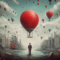  Person Standing In Front of Flying Hot Air Balloons over Buildings and Architecture
