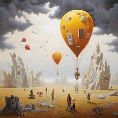 A hot air balloon drifts through a cloudy sky in mid-air.