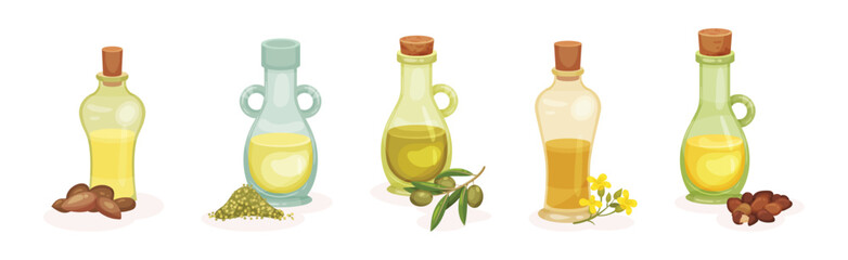 Organic Herbal Oil Poured in Glass Corked Jars Vector Set