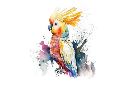 cockatoo parrot painted with multicolored watercolors isolated on a white background. Generated by AI