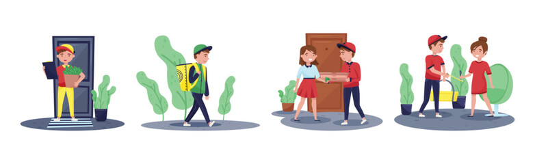 Food Delivery Service with Man Courier and Woman Customer Vector Set
