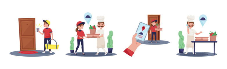 Food Delivery Service with Man and Woman Courier and Chef Vector Set