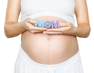 Pregnant woman holding a letter mom in hands