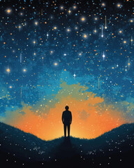 A person standing in a field of stars signifying the infinite possibilities of a passionate life. Psychology art concept. AI generation