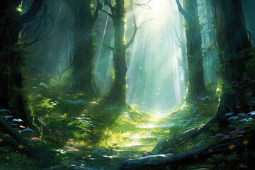 Mysterious beams of light trate the lush foliage of the mystical forest providing Fantasy art concept. AI generation