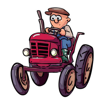 farmer driving a tractor - cartoon illustration, isolated on white background