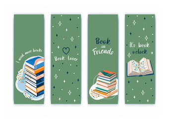 Cute Bookmarks. Set of paper bookmark templates for book lovers. Vertical postcards. Vector.