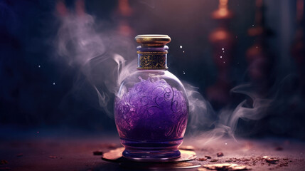 Obraz na płótnie Canvas An ethereal glass vial with a hint of smoky color filled with a velvety purple potion Fantasy art concept. AI generation