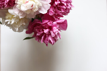 bouquet of pink and white peonies above a blank white space