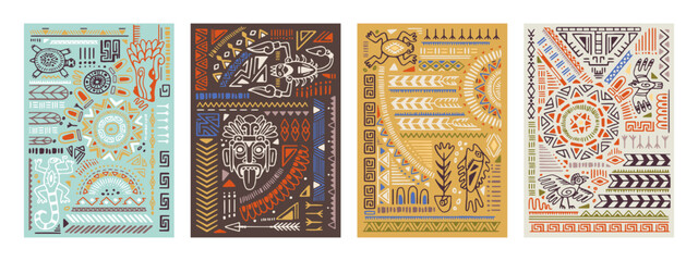 Ethnic backgrounds set with Aztec symbols, elements, abstract patterns, ancient mexican ornaments. Hand-drawn interior posters, cards, wall art in boho style. Flat graphic vector illustrations © Paper Trident