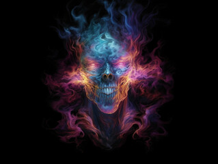 A spectral entity with an ever changing form filled with a miasma of distorted faces. Fantasy art concept. AI generation