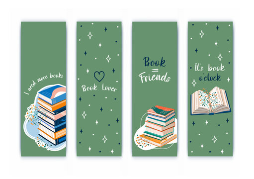 Cute Bookmarks. Set of paper bookmark templates for book lovers. Vertical postcards. Vector.