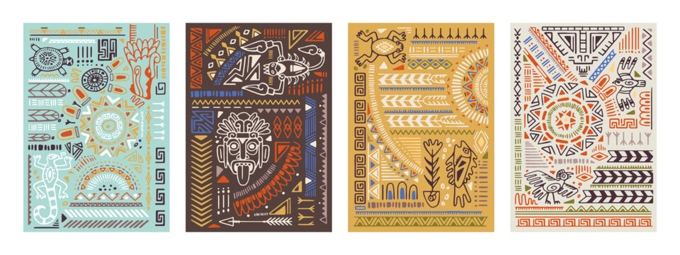 Ethnic backgrounds set with Aztec symbols, elements, abstract patterns, ancient mexican ornaments. Hand-drawn interior posters, cards, wall art in boho style. Flat graphic vector illustrations