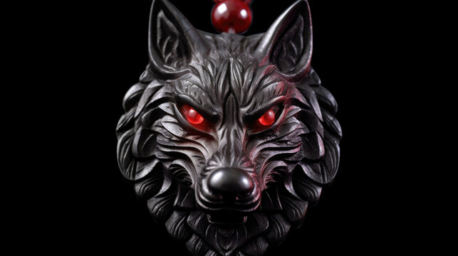 A powerful amulet crafted of obsidian a wolf engraved in the center with eyes of red Fantasy art concept. AI generation