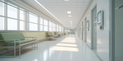 Blurred interior of hospital - abstract medical background. Generative AI