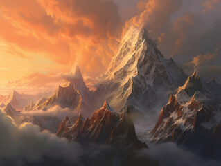 An immense mountain range reaching as far as the eye can see its jagged peaks blanketed Fantasy art concept. AI generation