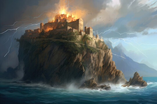 On the horizon a will heartshaped island embraces a turbulent sea lightning flashes Fantasy art concept. AI generation