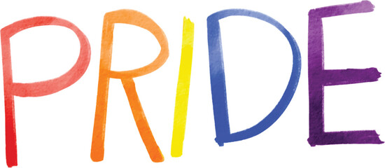 Pride text  rainbow watercolor brush paint on  isolate white background.LGBT  Pride month watercolor texture concept. Vector illustration. 