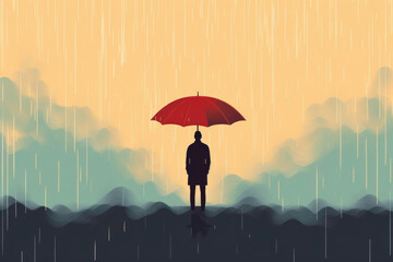 A person with PTSD ilrated as a figure standing in a storm shielding against the rain. Psychology art concept. AI generation