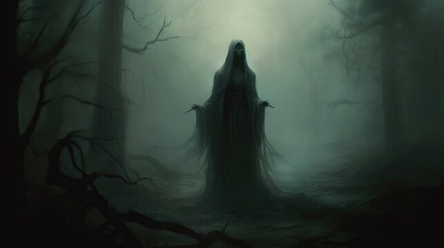 A solitary wraith lurks in the shadows an enigmatic being cloaked in mist and fog. Fantasy art concept. AI generation