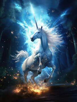 An impressive white unicorn with vibrant blue wings shooting magical sparks of light Fantasy art concept. AI generation