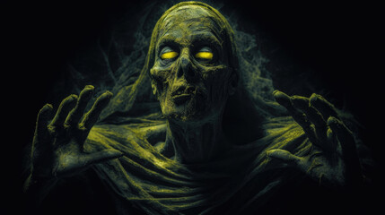 A zombified mummy with glowing yellow eyes in a large darkened chamber its body tombtattered Fantasy art concept. AI generation