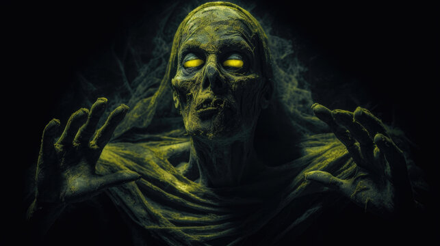 A zombified mummy with glowing yellow eyes in a large darkened chamber its body tombtattered Fantasy art concept. AI generation