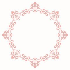 Oriental vector round frame with arabesques and floral elements. Floral round pink border with vintage pattern