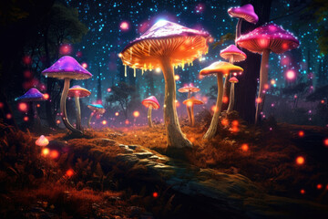 A surreal forest of giant colorful mushrooms speckled with thousands of fireflies Fantasy art concept. AI generation