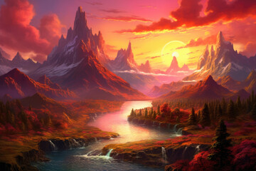 An incredible mountain range painted in regal shades of red and gold pierced by a Fantasy art concept. AI generation
