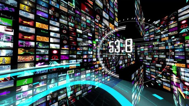 Hud interface graphic with motion animation of video wall like montage of futuristic theme. Collage with overlays