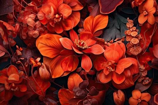vermilion - colored flowers and leaves created with Generative Al technology