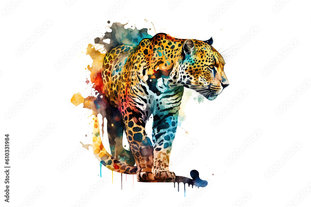 Poster leopard is drawn with multi-colored watercolors isolated on a white background. generated by ai