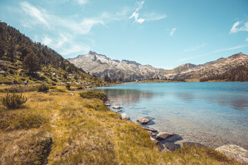 Obraz premium Clear alpine lake with turquoise water, forested shore and rugged peaks under bright summer sky