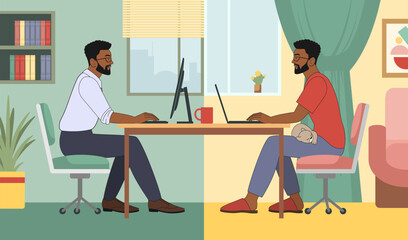 A dark-skinned businessman in a hybrid setting,a suit and home clothes works on a laptop,against the backdrop of a working office and a homely cozy atmosphere.Vector illustration in cartoon style - obrazy, fototapety, plakaty