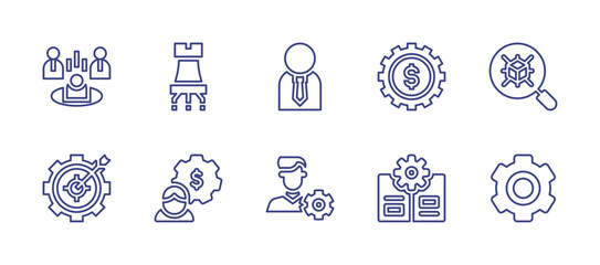 Business management line icon set. Editable stroke. Vector illustration. Containing fired, strategy, businessman, gear, blockchain, goal, obligation, project manager, guide, progress.