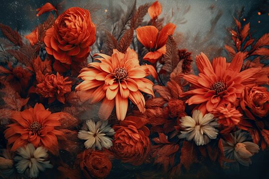 vermilion - colored flowers and leaves created with Generative Al technology