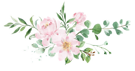 Watercolor floral print, pink garden flowers and leaves.
